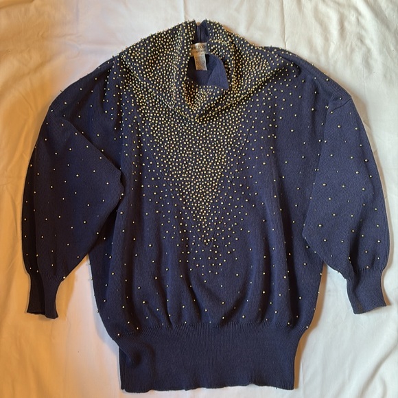 Vtg 80s Bonnie Boerer & Company Beaded Navy Blue Cowl Neck Sweater - Picture 6 of 9